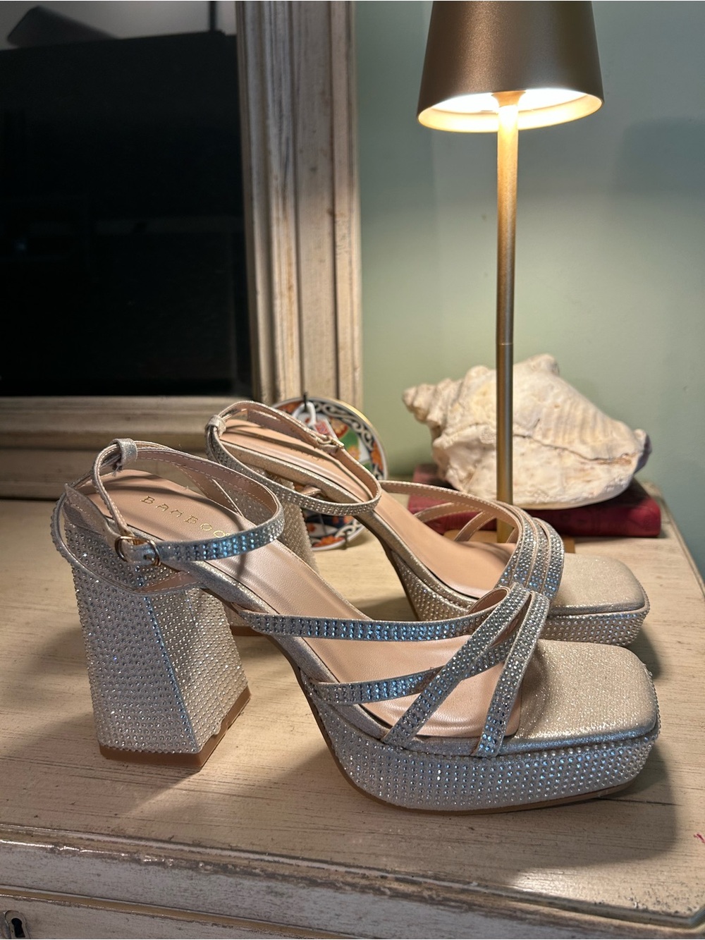 Never Worn BAMBOO Silver Rhinestone Platform Block Heels